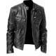thumbnail image 5 of Chaqueta de cuero PU decorativa con bolsillo y cremallera cálida para caballero de invierno, chaqueta de cuero delgada con cuello alto, 5 of 5