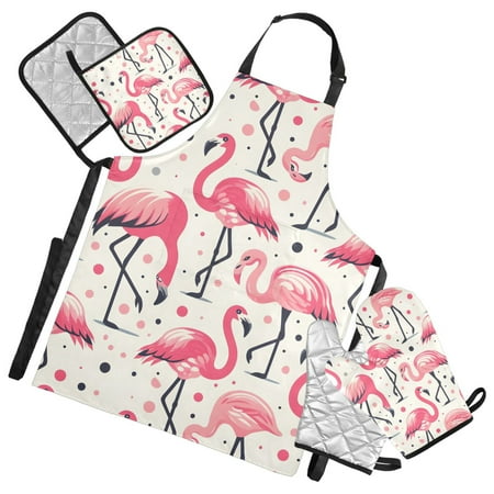 Flamingos with Polka Dot 5 Pcs Kitchen Set Heat Resistant Oven Mitts and Non-Slip Pot Holders with Adjustable Cooking Apron