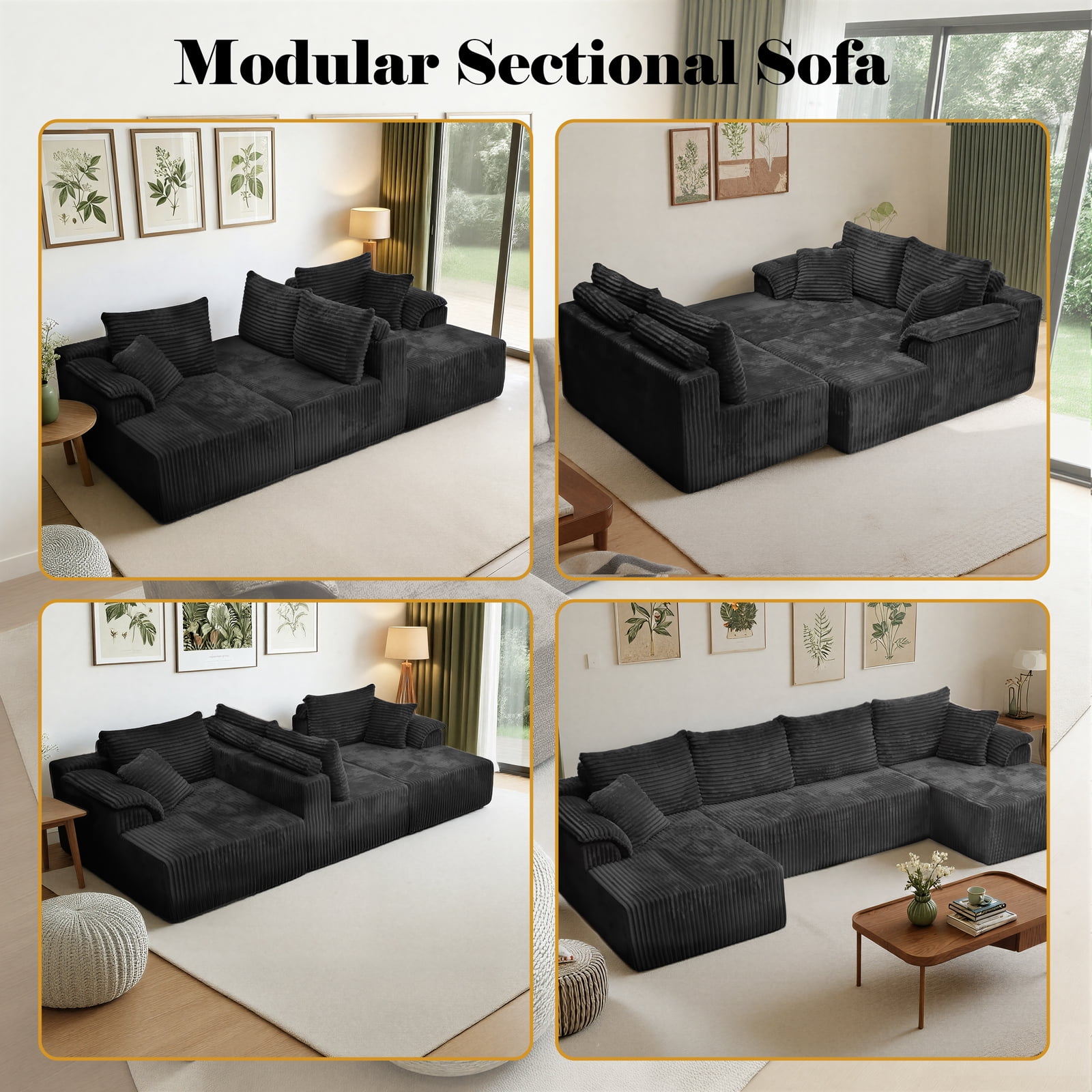 Kelyda 130'' Boneless Sectional Couch, Modern Faux Fur U Shaped Modular Cloud for Living Room Dark Grey