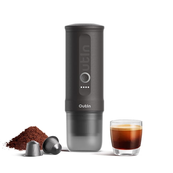 OutIn Nano Portable Electric Espresso Machine - Space Grey - Self-Heating Travel Coffee Maker w/USB-C, Works with Ground Coffee & Nespresso Capsules