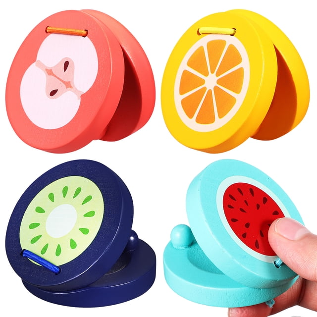 MOVTOTOP Wooden Castanets for Kids Playing Assorted Color Cartoon Fruit Pattern Musical Instruments 4pcs