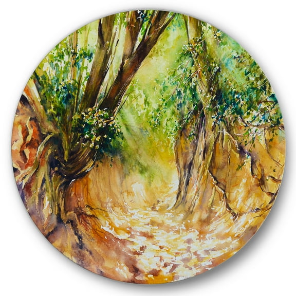 Designart 'Little Road in Deep Forest ' Traditional Circle Metal Wall Art 36x36 - Disc of 36