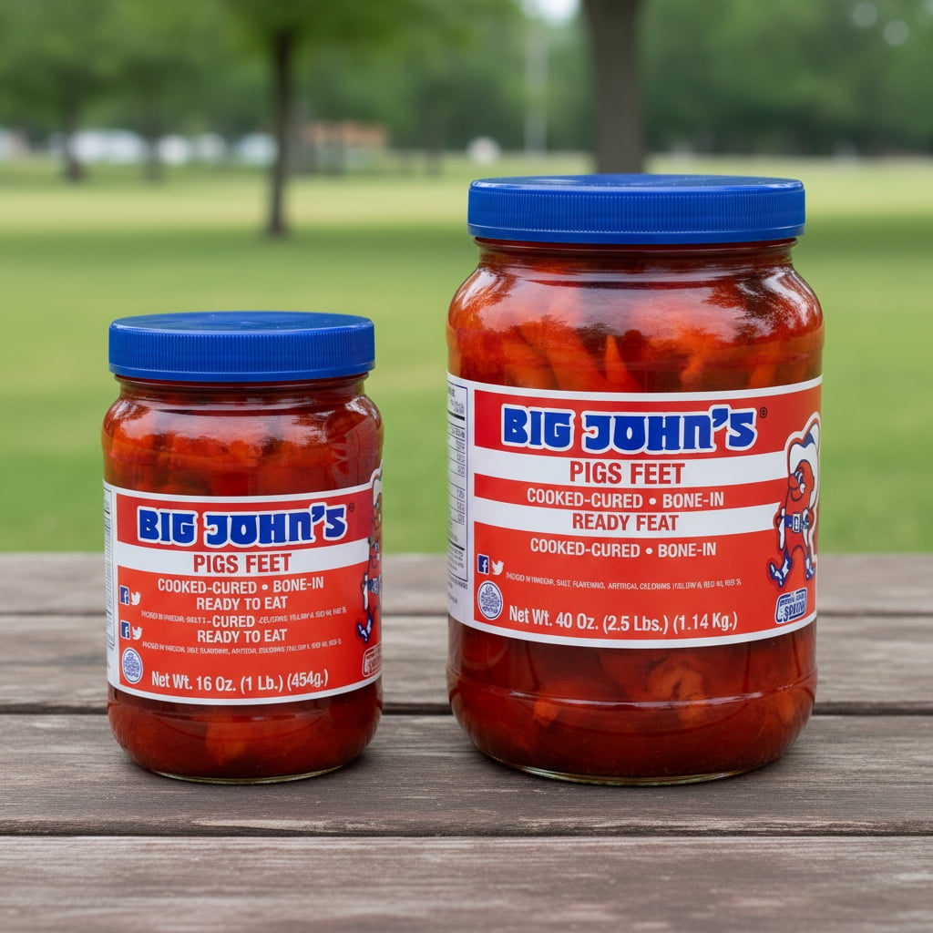 Big John's Pickled Pigs feet 16 oz,  Convenient Resealable Plastic Jar