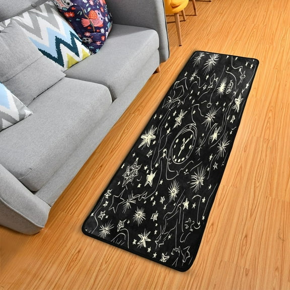 Stars and Clock Doodles Elegant Area Rug 72" x 24" Non-Slip Polyester with Cotton Padding