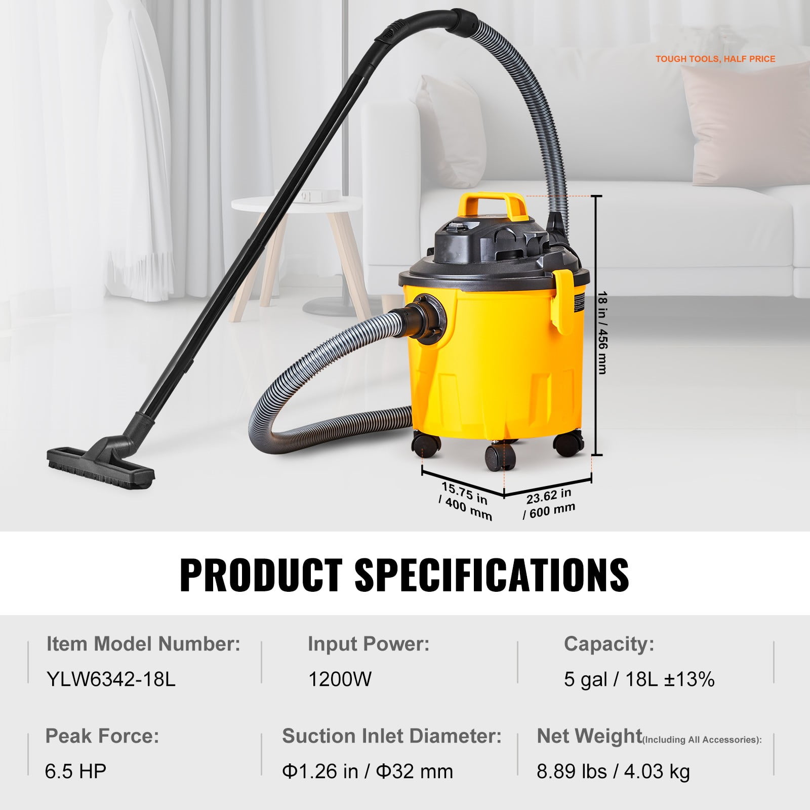KFFKFF Wet/Dry Shop Vacuum 5 Gallon 6-HP with Accessories 2-in-1 Crevice Nozzle