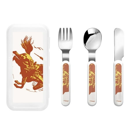 

Gaeub Vintage Cowboy On A Bronco Horse Print 3-Piece Children Knife Spoon Fork Set Stainless Steel Child Flatware Set Kids Utensils Set with Case for Lunch Box (Fork Spoon Knife Combo)