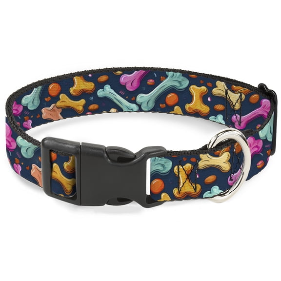 Buckle-Down Pet Collar, Dog Collar Plastic Buckle, Dog Bone Treats Scattered Blue Multi Color, 7 to 8.5 Inches 0.5 Inch Wide