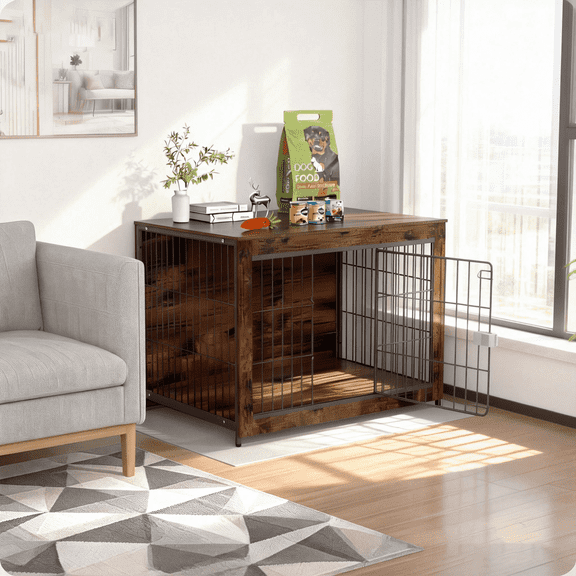 TIME RAY 43"Dog Crate Furniture with Secure Lock, Wooden Dog Kennel End Table Indoor Dog Cage for Small/Medium Dogs, Decorative Pet Crate Table for Home Indoor Use