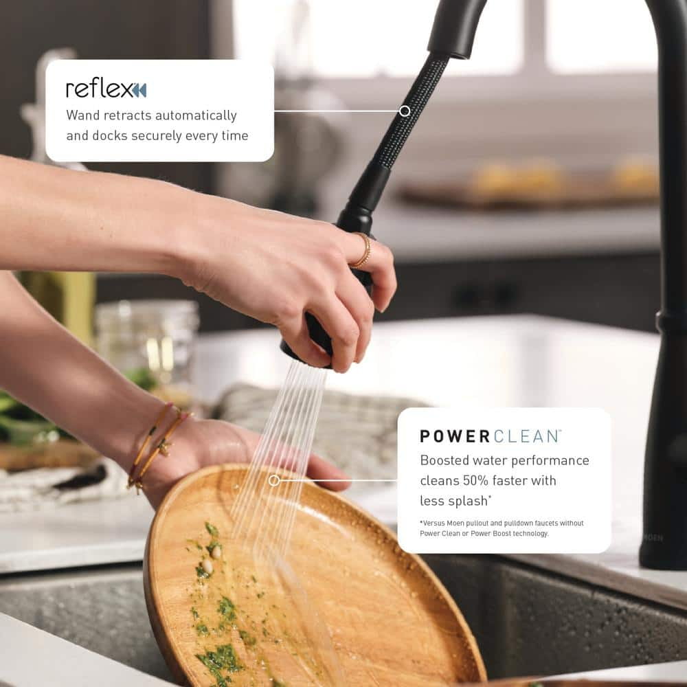 MOEN 87260BL Doherty Single Handle Pull-Down Sprayer Kitchen Faucet with Power Clean and Reflex in Matte Black