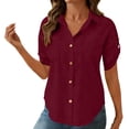 thumbnail image 1 of TaTaai Ladies' V-neck Short Sleeved Button Up Blouse, Fashionable Casual Solid Color Relaxed Fit All Season Daily Wear Top Gift, 1 of 7