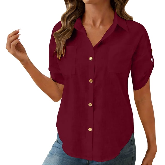 TaTaai Ladies' V-neck Short Sleeved Button Up Blouse, Fashionable Casual Solid Color Relaxed Fit All Season Daily Wear Top Gift