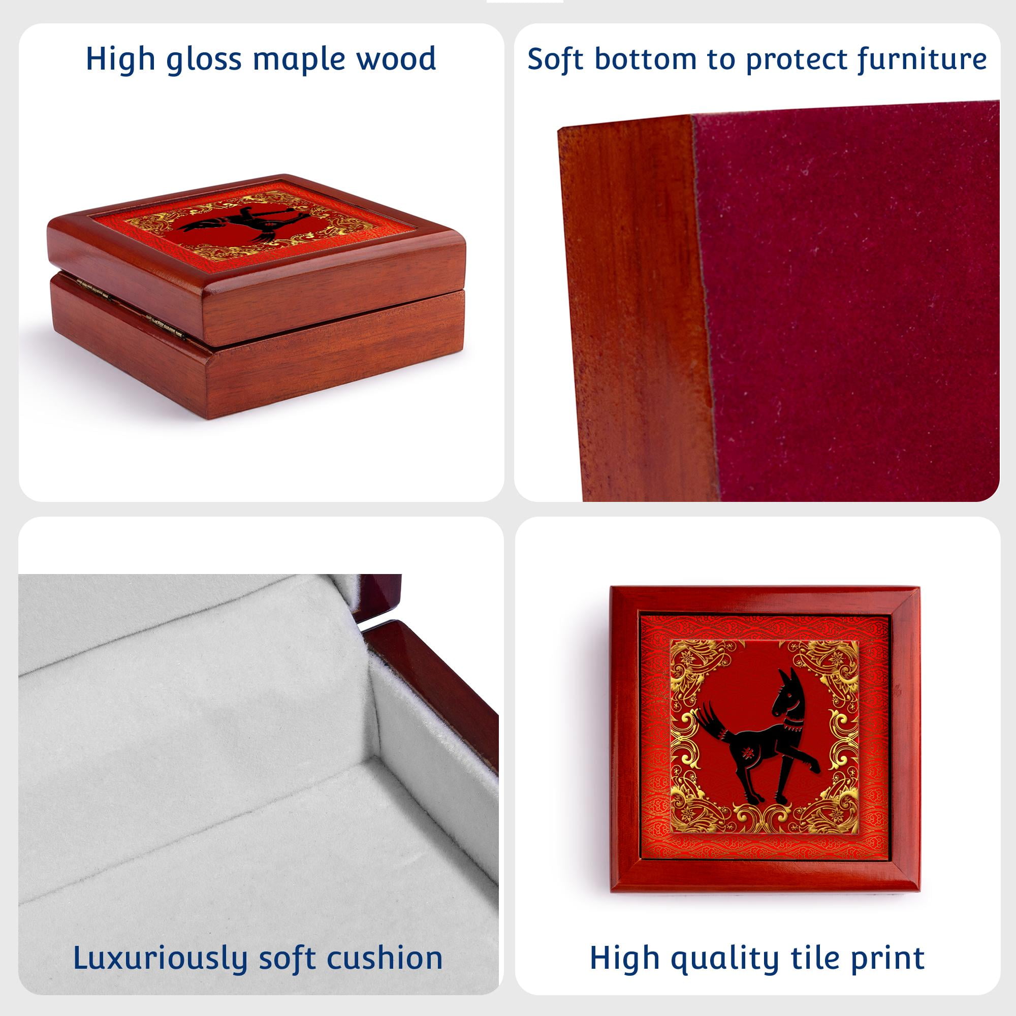 3dRose, Chinese Zodiac Year of the Dog Chinese New Year Red, Gold and Black , Jewelry Box 5.5x5.5 inch with 4 inch tile