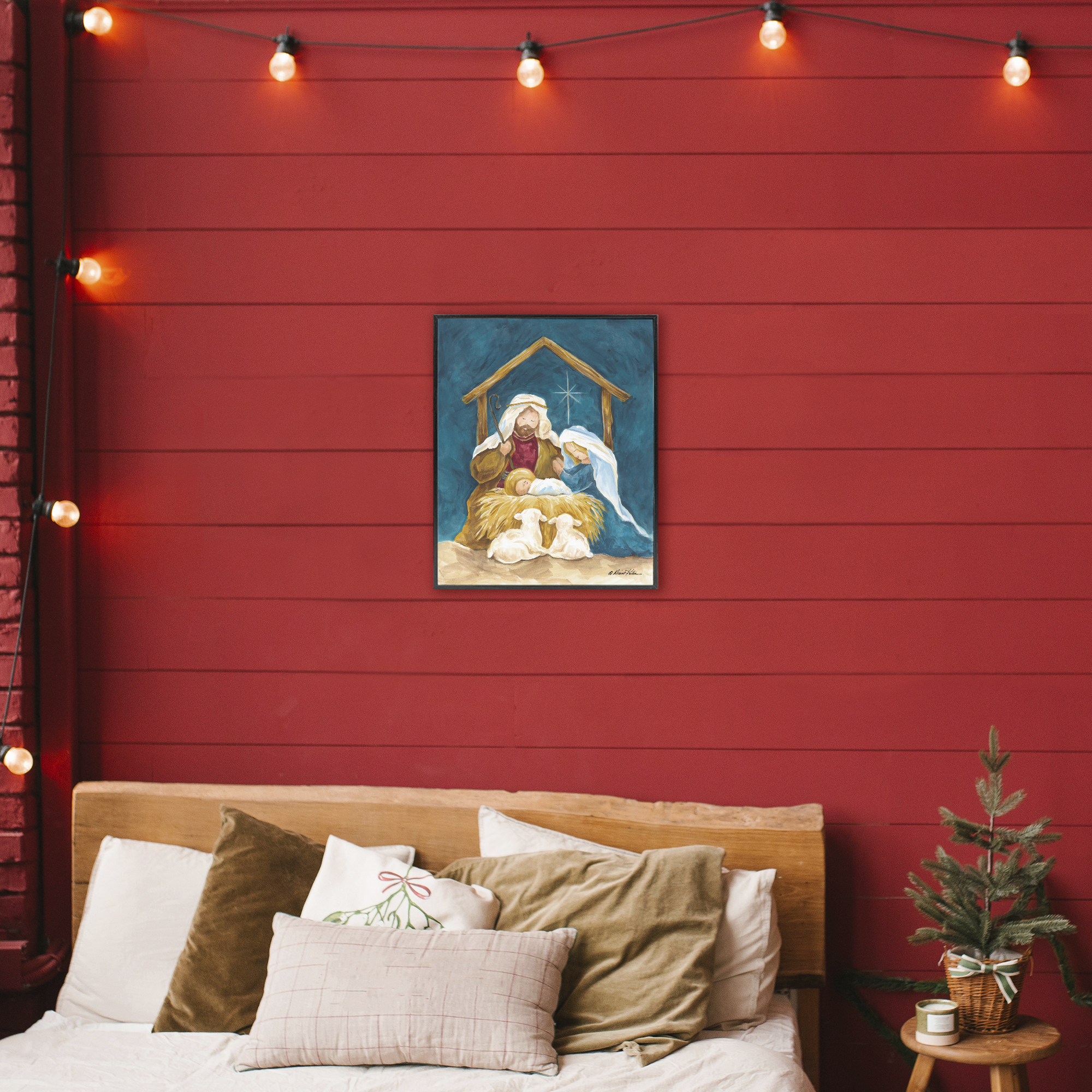 Comforting Nativity Painting Black Framed Giclee Art, design by Diane Kater