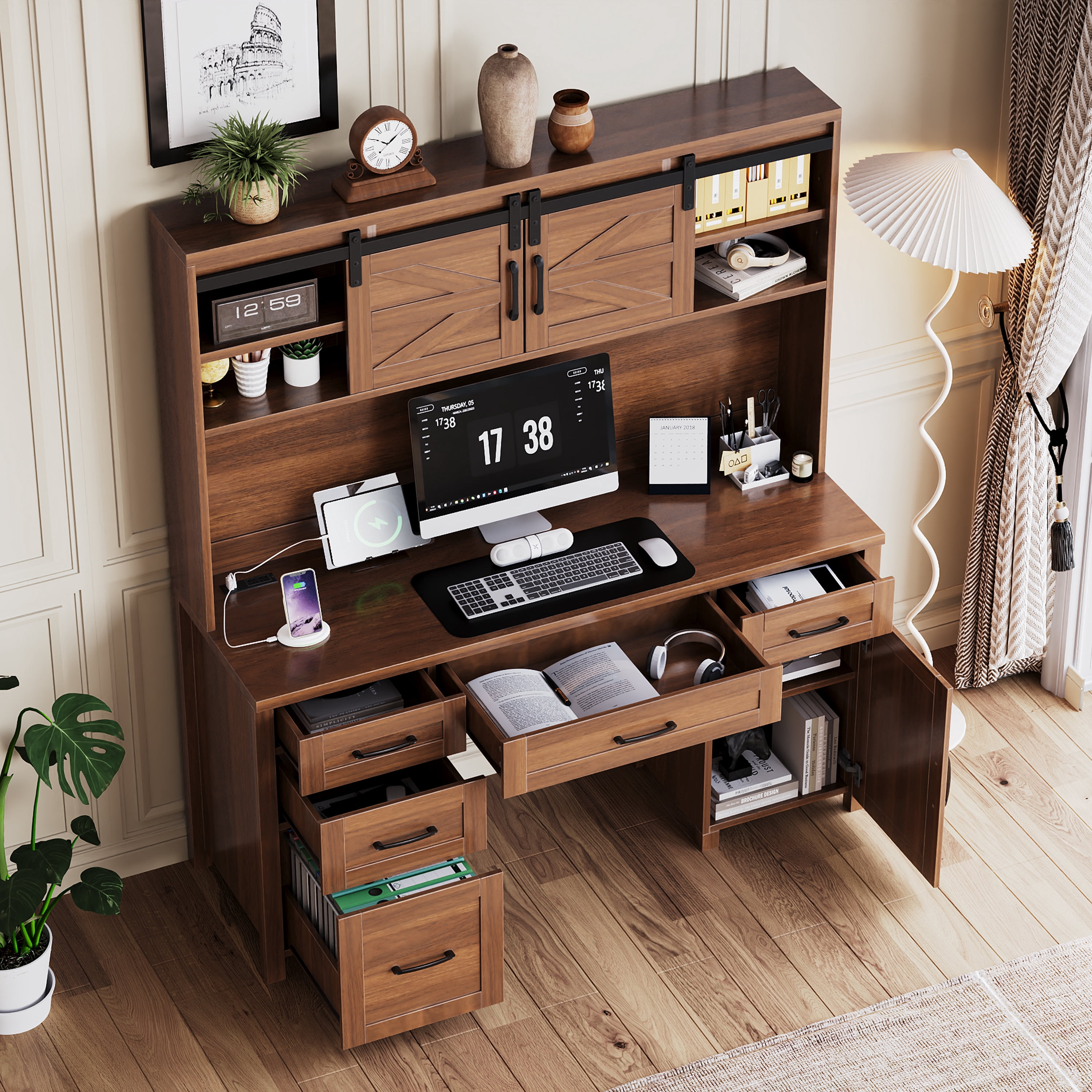 Mintazer Farmhouse Executive Desk with Storage Cabinets & Charging Station, Computer Desk with 2 Sliding Barn Doors and 5 Drawers & Adjustable Shelf for Home Office, Walnut