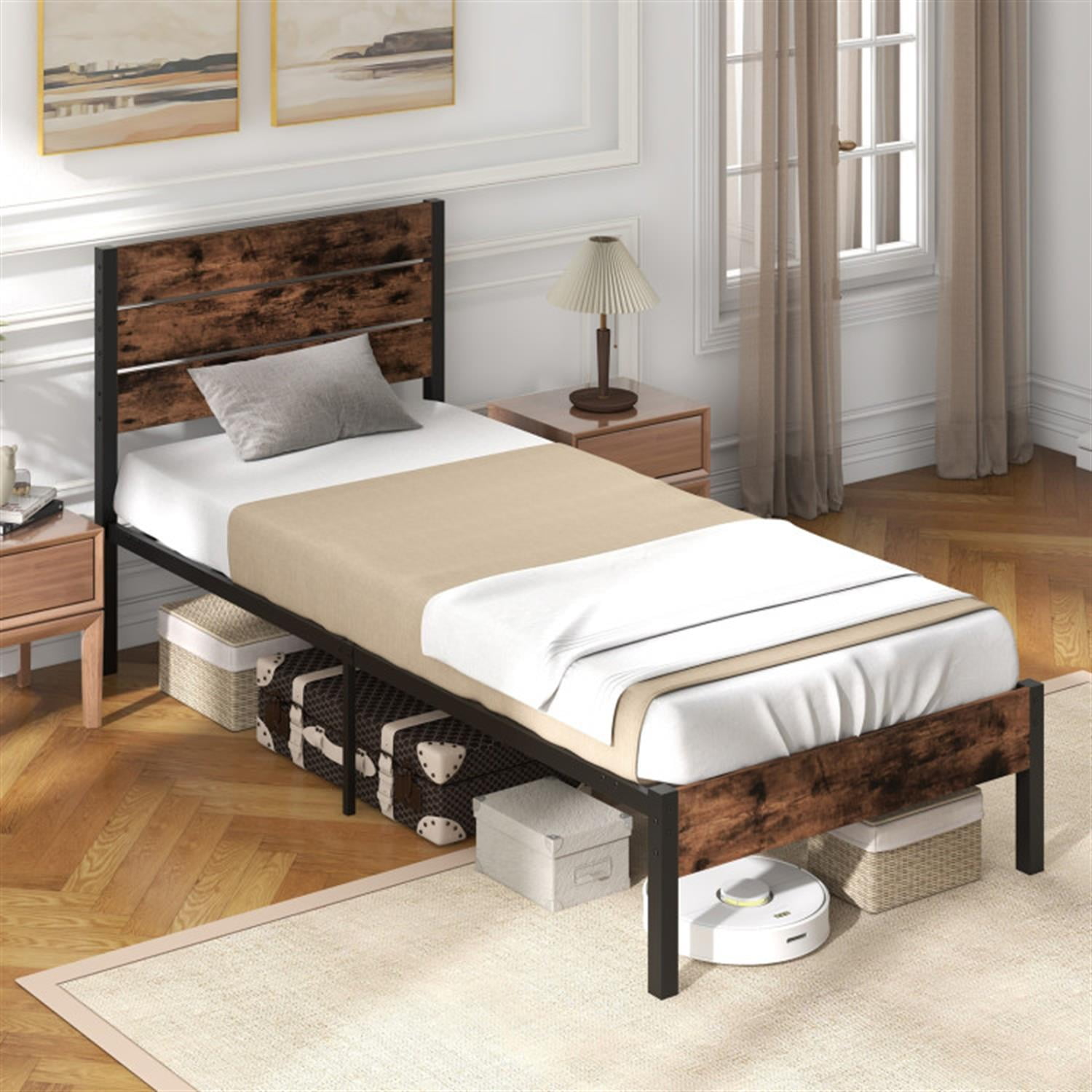 Demi Bonn Twin Size Bed Frame with High Headboard and Mute Bar, Industrial Metal Platform Bed Frame with Under Bed Storage, No Box Spring Needed, Brown