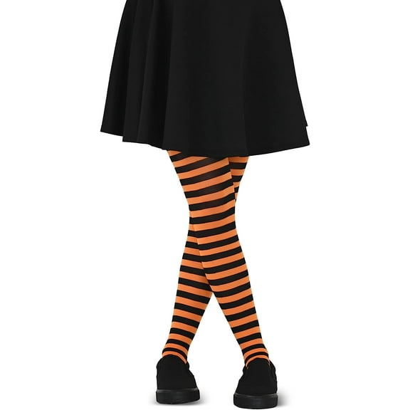 Skeleteen Black and Orange Tights - Striped Nylon Stretch Pantyhose Stocking Accessories for Every Day Attire and Costumes for Teens and Children