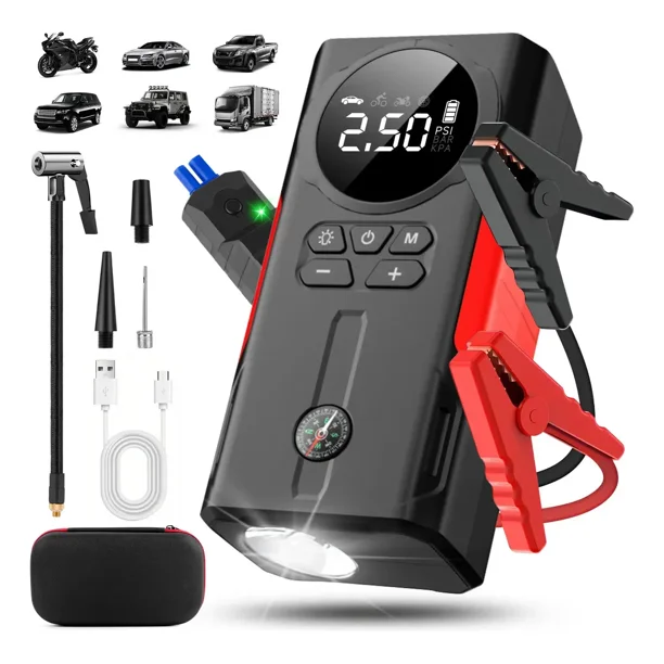 Arrancador de Batería de Coche 10000A con Inflador de Neumáticos 150PSI, 12V Batería Externa 26800mAh con Carga Rápida, Compresor de Aire Portátil para Autos, SUV, Camiones, Motos con Pantalla LED