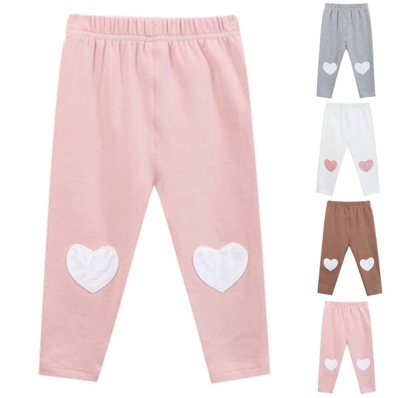 Girls Thin Casual Leggings Heart Patches on Knees Elastic Waist Soft Sports Pants Kids Fashion Daily Wear Stretchy Long Bottom Trousers White 1-2Years