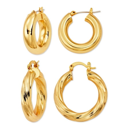 Scoop Women's Brass Yellow Gold-Plated Hoop Earrings Set