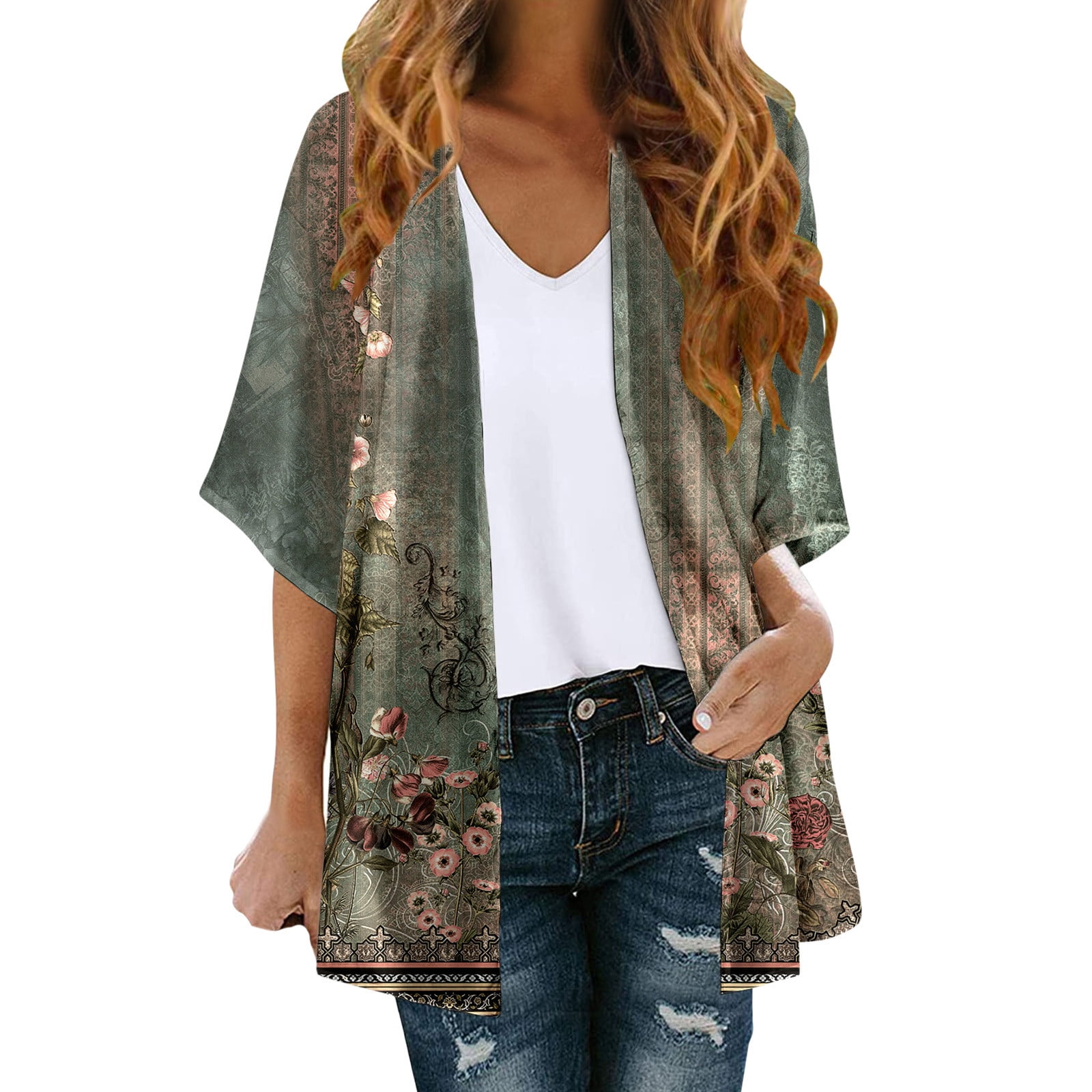 Womens Cardigans Floral Print Lightweight Open Front 3/4 Sleeve Summer ...