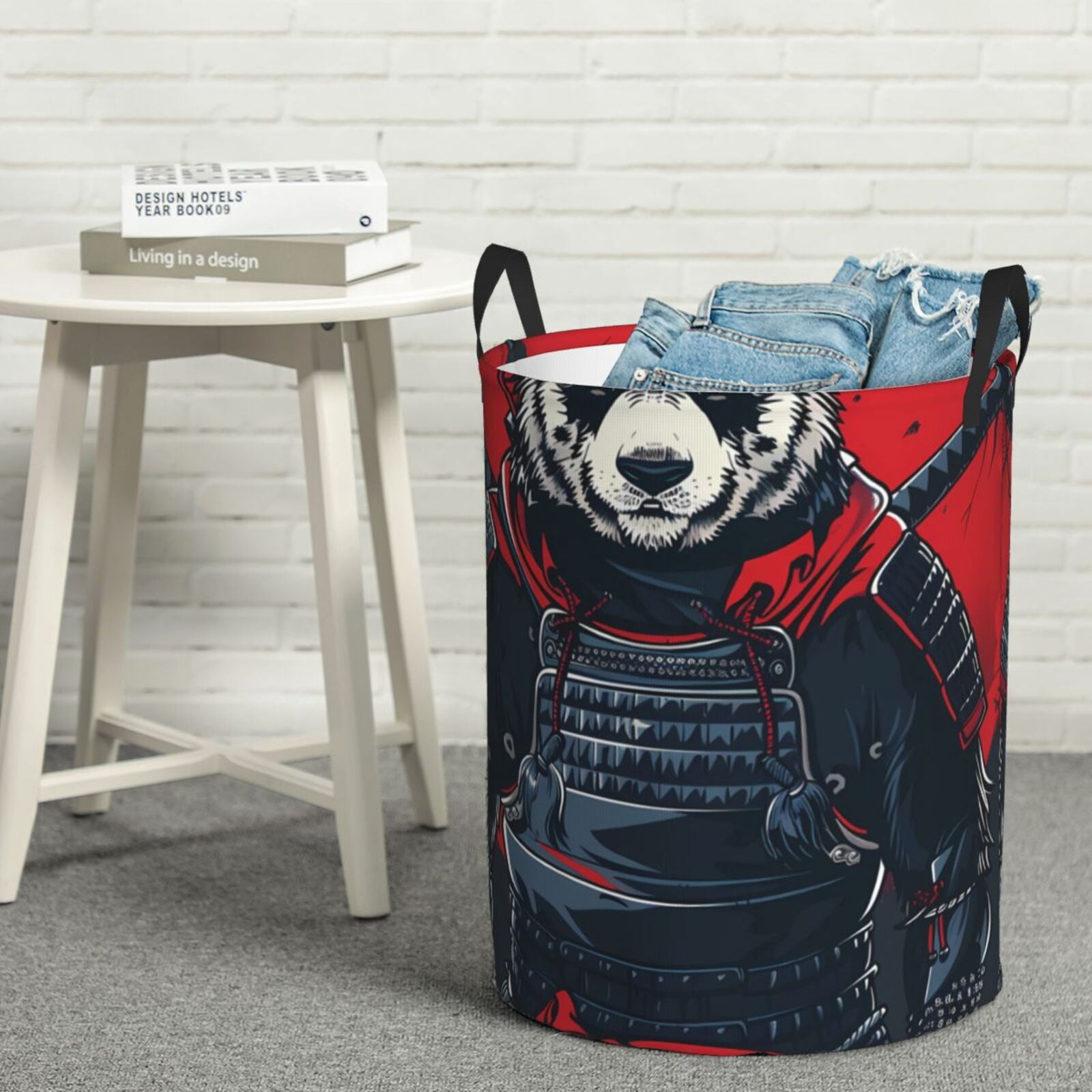 Fuzoiu Red Black Eastern Panda Warrior Print Circular Hamper,Laundry Basket with Handle,Collapsible Laundry,Dirty Clothes Storage Basket,for Bedroom Bathroom Dorm Living Room-Small
