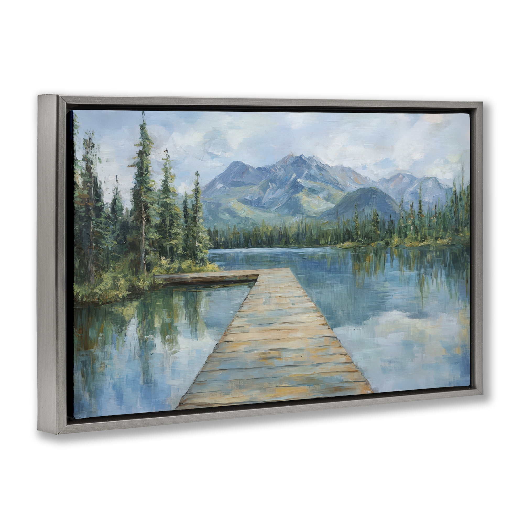 Stupell Industries Peaceful Lake Dock in the Mountains Gray Framed Floater Canvas Wall Art, design by Petal Prints Design