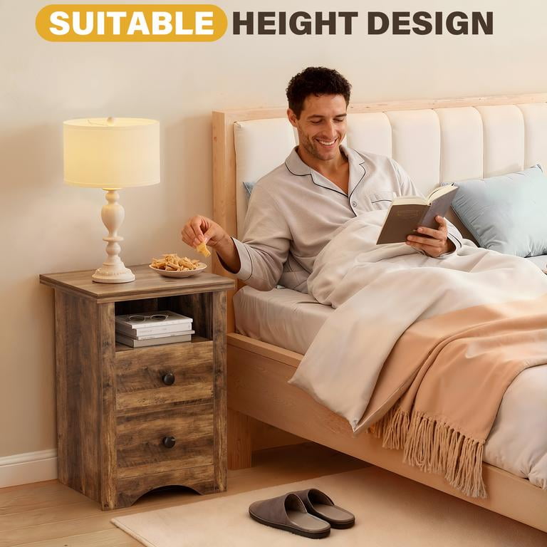 Lacoo End Table Set of 2 with 2 Drawers & Open Shelf, Nightstand for Bedroom Wood Side Table for Living Room, Warm Amber