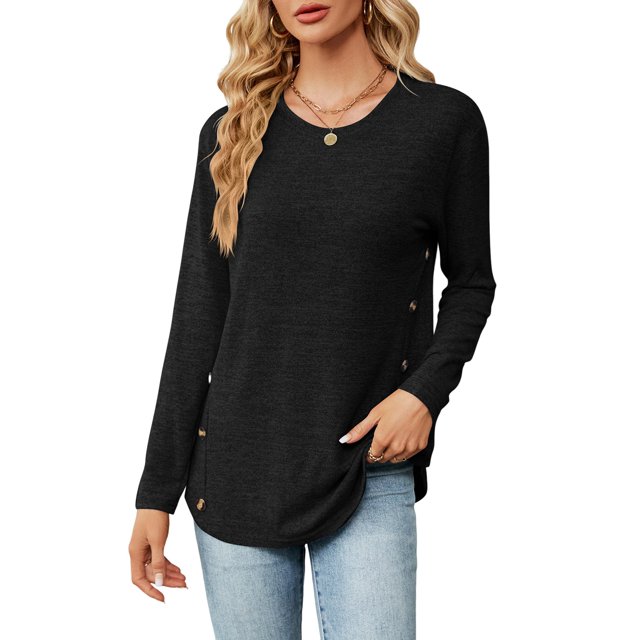 Blusas de Larga con Cuello Redondo para Mujer, Blusas Holgadas con Botones para Otoño e Invierno 2025. Negro S