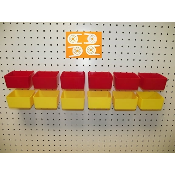 JSP Manufacturing 16 PACK 1/4" Hole Peg Board Workbench Bin Organizers (6) Red bins & (6) Yellow bins Plastic Plus (4) Tool Holders Fits Wooden Pegboards (Pegboard Not Included)