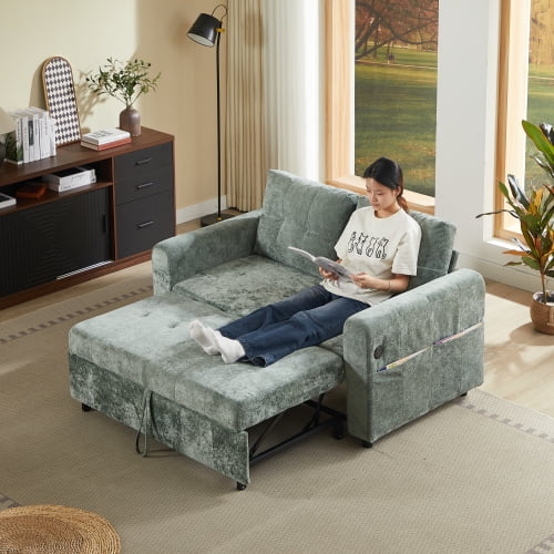 58" Soft Chenille Comfortable Loveseat Sofa, Modern Loveseat Sofa with Adjustable Backrest, Convertible Loveseat Sleeper Couch with Usb Ports for Living Room, Antique Green