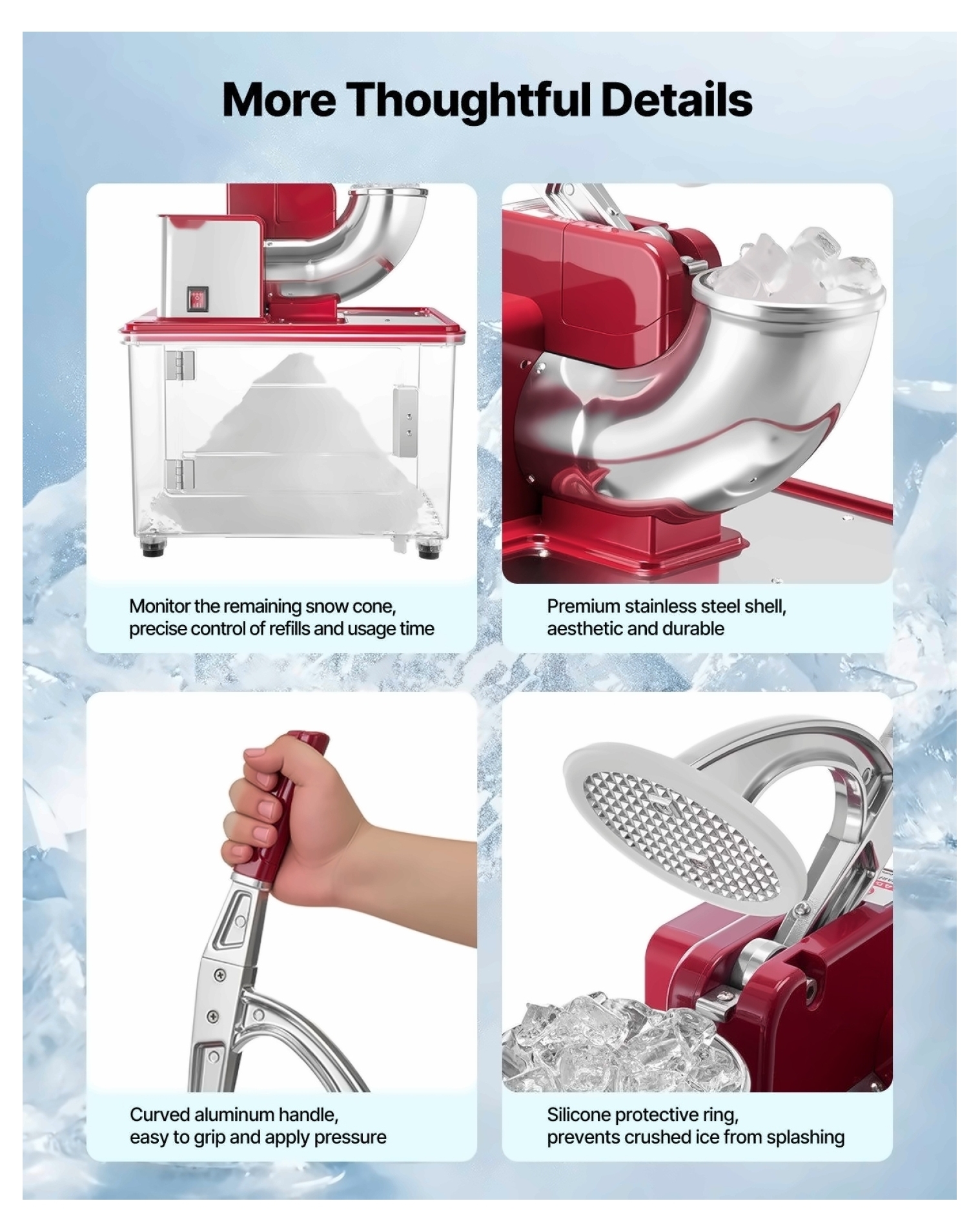 Commercial Ice Crusher 661LBS/H Electric Snow Cone Maker - Heavy Duty Shaved Ice Machine - 50L Capacity - Red