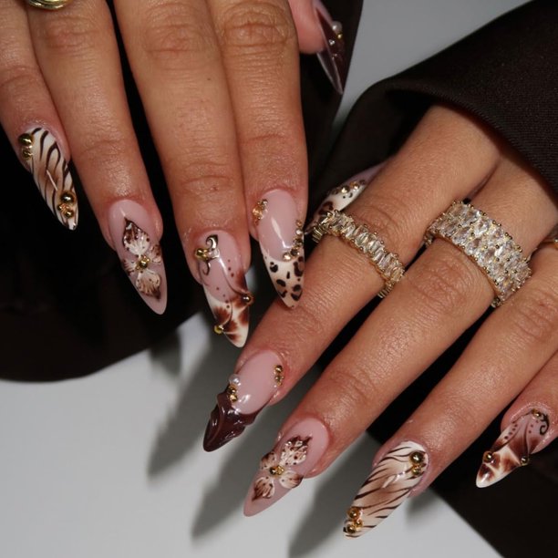 Uñas postizas adhesivas HPYFOI almendra marrón floral y leopardo 24 piezas