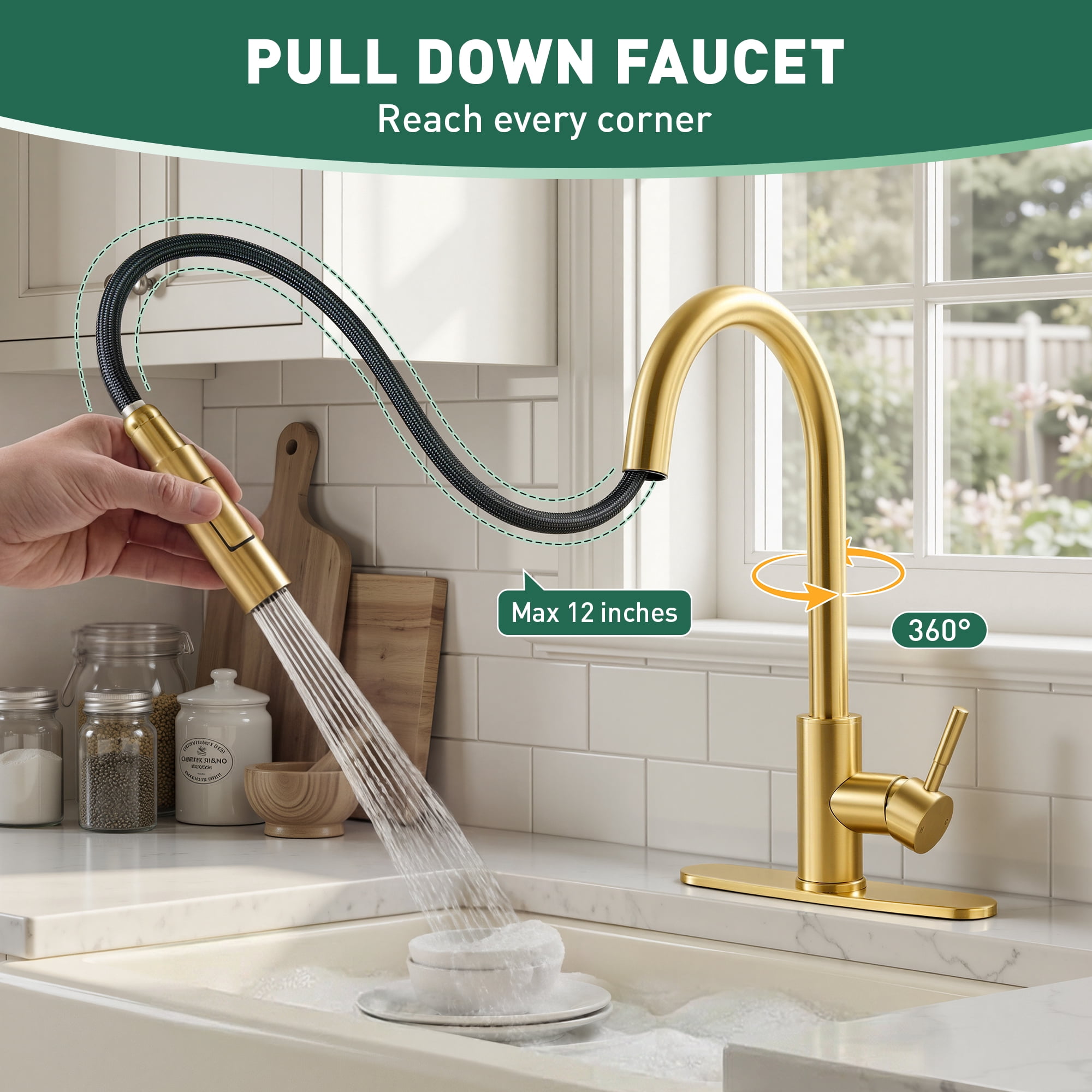 Akicon Kitchen Faucet with Pull Down Sprayer, Dual-Function Single Handle Kitchen Sink Faucets, 304 Stainless Steel with Deck Plate, Fits 1 or 3-Hole Sinks, Brushed Gold