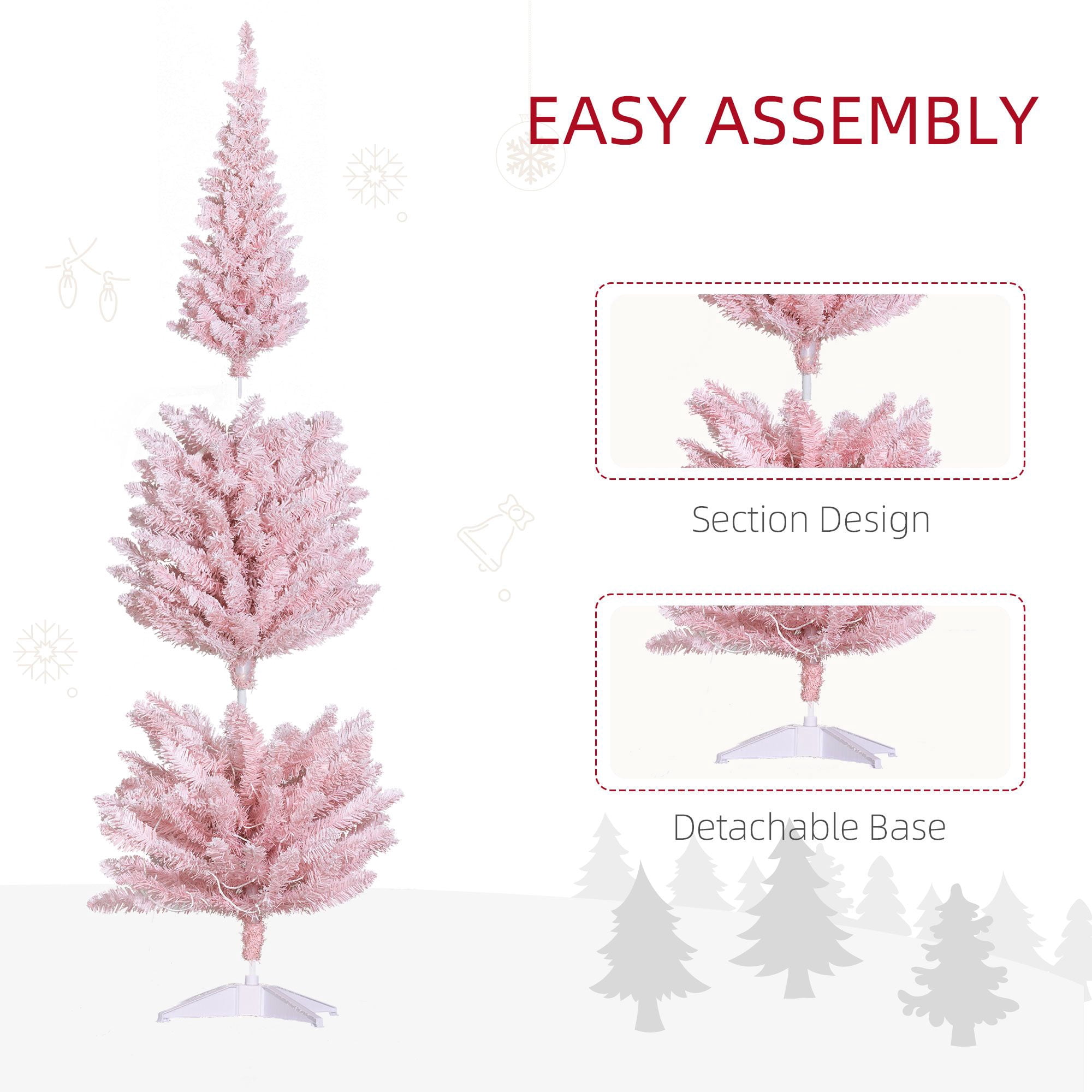 6ft Pencil Christmas Tree, Slim Artificial Christmas Tree with Realistic Branches and Warm White LED Lights, Pink