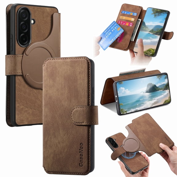 For Samsung Galaxy S26 Phone Cover Detachable Magnetic Front Case Hard PC Back Case Stand Feature Card Pocket & Credit Slot Shock-Absorbent Dustproof Wallet Phone Case for Men or Women, Brown