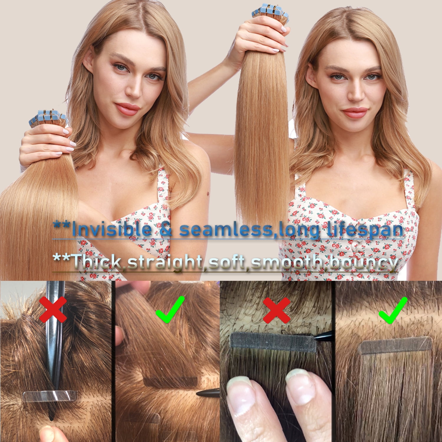 Benehair Tape In 100% Real Remy Human Hair Extensions Seamless Skin Weft Thick Glue Straight Women Black 10-20pcs 24inch