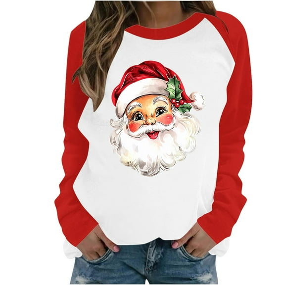 asdoklhq Christmas Sweatshirt for Women's Casual Christmas Printed Long-sleeved Round-neck Raglan Sweater Red 4X