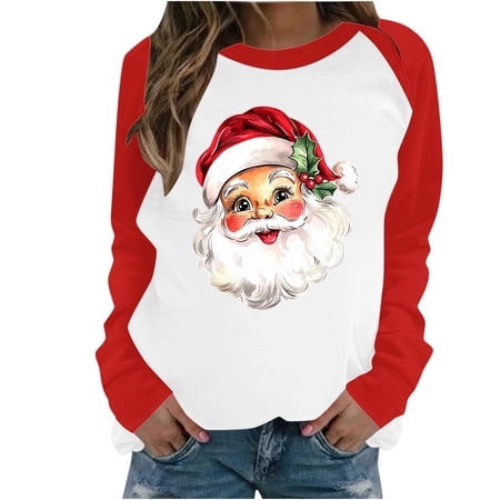asdoklhq Christmas Sweatshirt for Women s Casual Christmas Printed Long-sleeved Round-neck Raglan Sweater Red XL