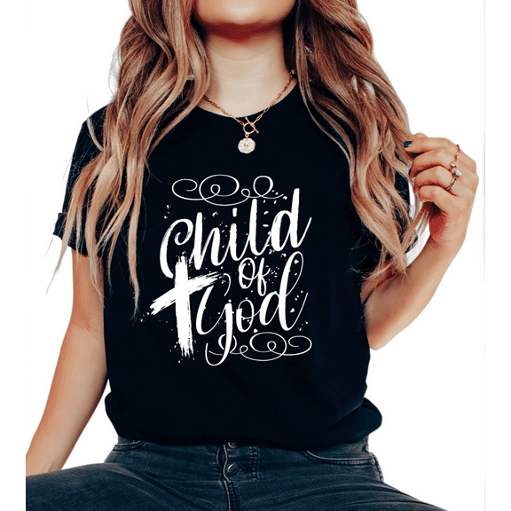 Women's Ornate Child Of God White Graphic Cotton T Shirt Casual Comfortable Short Sleeve Round Neck Black S-5XL