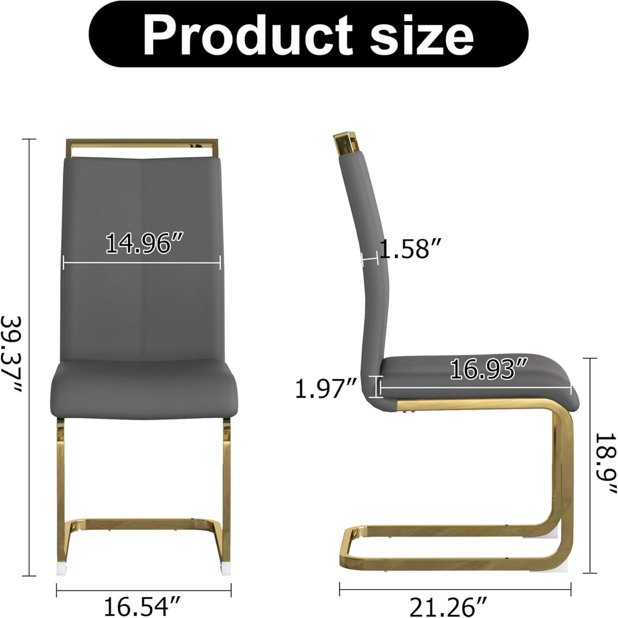 SUDICA Set of 4 Gray Faux Leather Dining Chairs, High Back Design with Gold Metal Legs for Dining Room