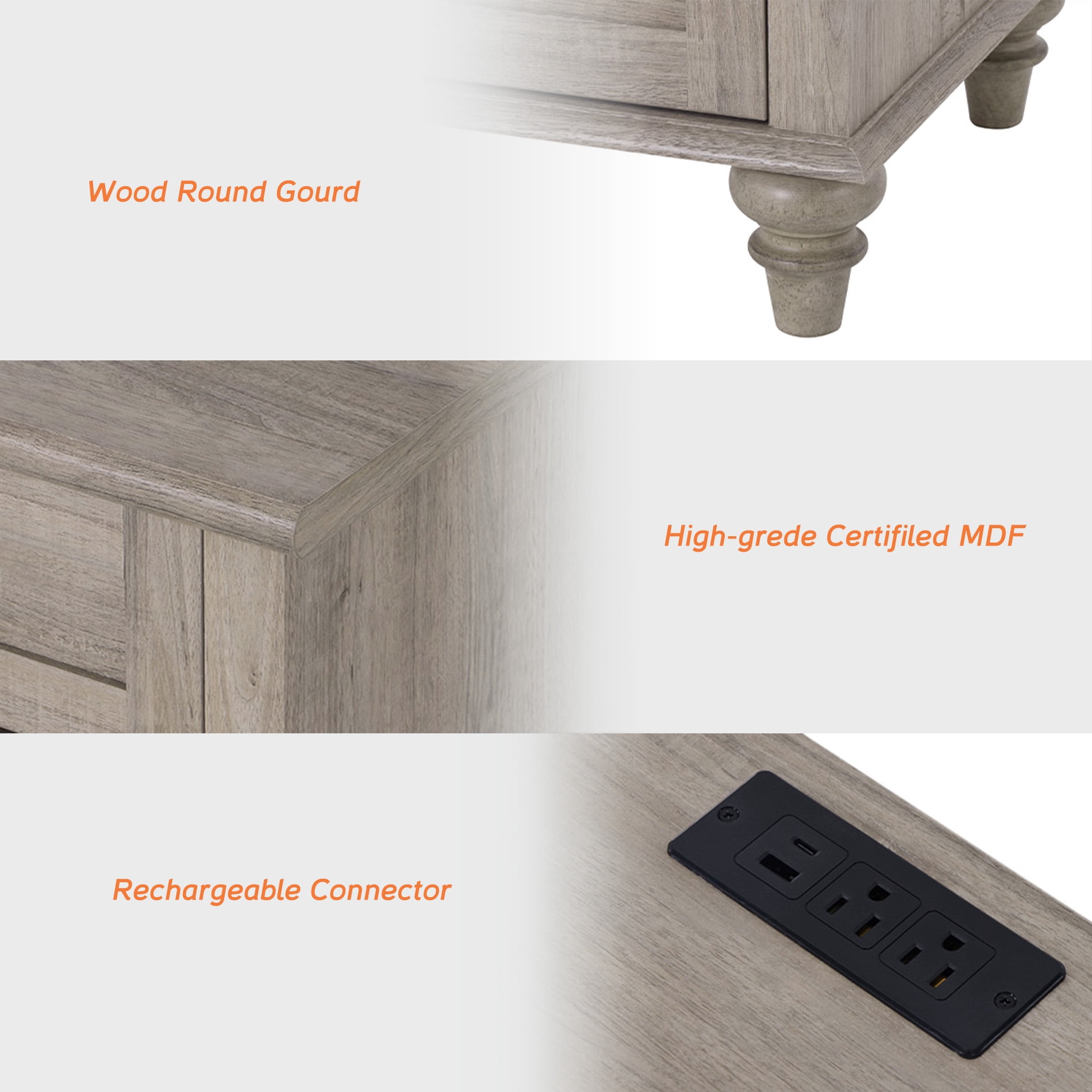 Side Table with 2 Drawers & Open Shelf, Farmhouse End Table with Charging Station, Wooden Nightstand for Bedroom & Living Room, Grey