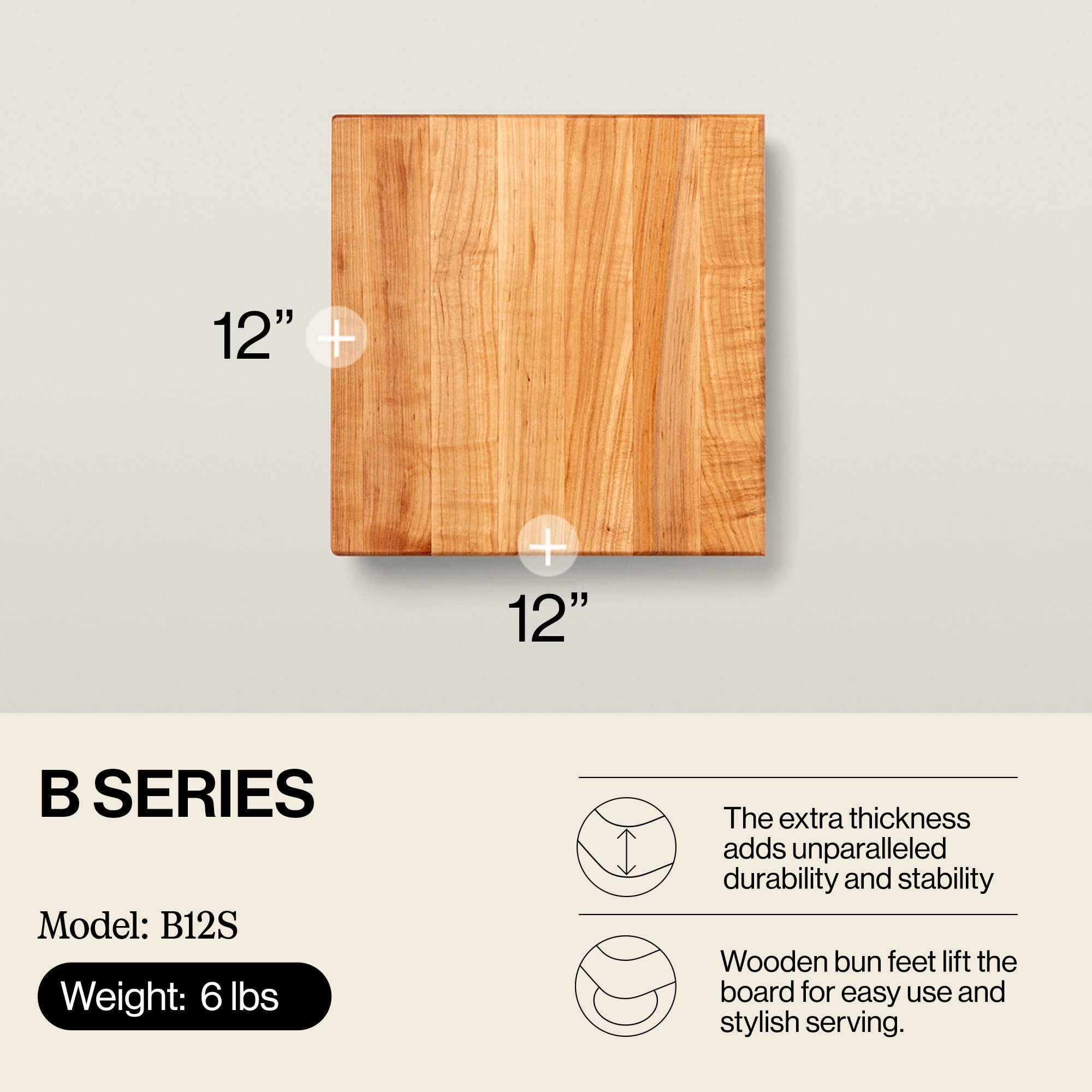 John Boos B Series Square Wood Cutting Board with Feet, 12" x 12", Maple