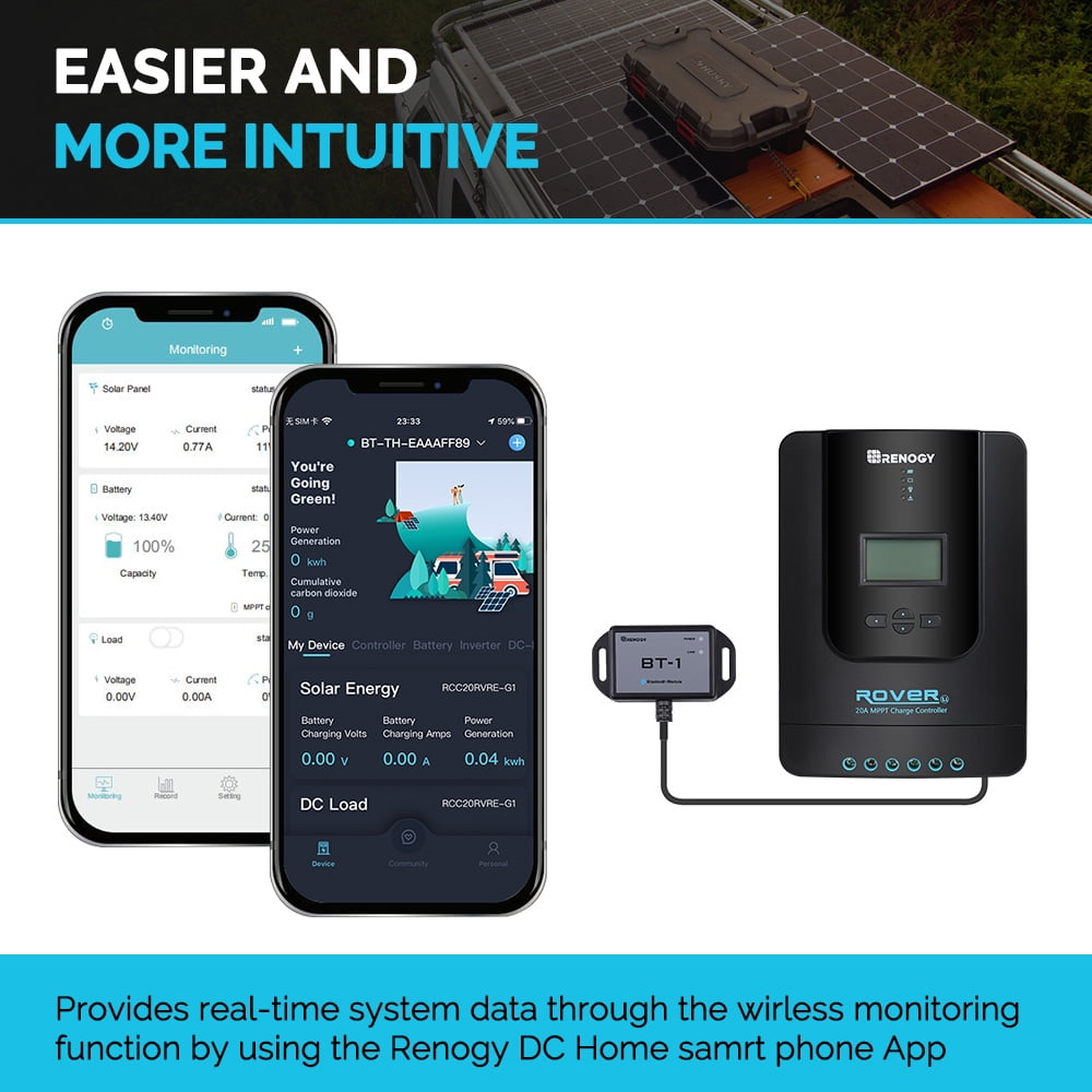 Module Bluetooth Renogy BT-1 - Compatible Régulateurs Solaires Rover/Wanderer/Adventurer, Port RJ12