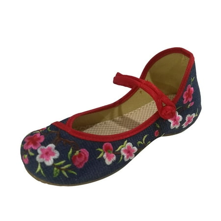 

Fsqjgq Slip On Sneakers Womens Shoes Women Spring Summer Peach Blossom Buckle National Wind Embroidered Cloth Shoes Blue Asian Size 36