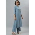 thumbnail image 5 of Janasya Indian Mandarin Collar 3/4 Sleeve Solid Blue Rayon Kurta With Palazzo and Dupatta For Women, 5 of 8