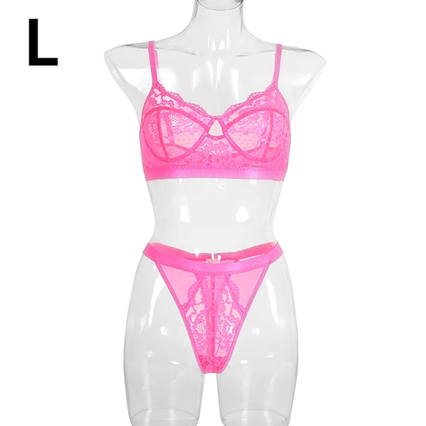 Encaje sexy conjunto de ropa interior sujetador ropa interior regalo para mujer, rosa fluorescente, L 2 piezas Vogacara XX000054-38