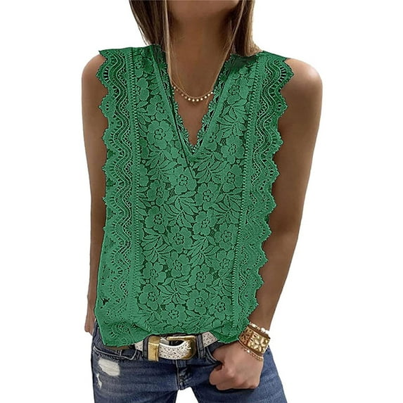 Womens Tops Solid Color Lace Tank Tops V-Neck Sleeveless Casual Blouse T-Shirt Alsol Lamesa