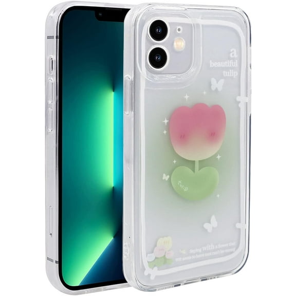 Designed Case for iPhone 12 Mini, Cute TPU Phone Case for iPhone 12 Mini (5.4 inch), Cover Case for Girls and Women with Camera Protection, Green Tulip