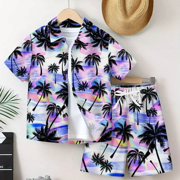naisibaby Summer Boys Girls Hawaiian Beach Casual Suit, Kids Short Sleeve Turndown Neck Tops Printed Shorts Two-piece Sets Purple 13 T