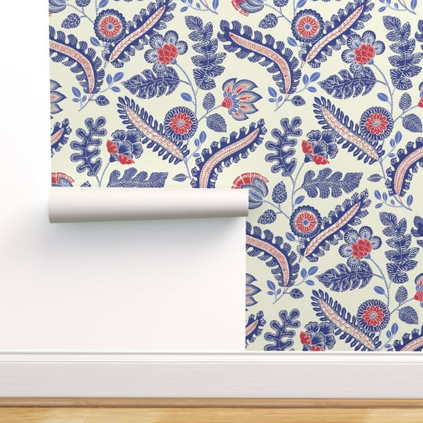Peel-and-Stick Removable Wallpaper Blue And Red Floral Chintz White